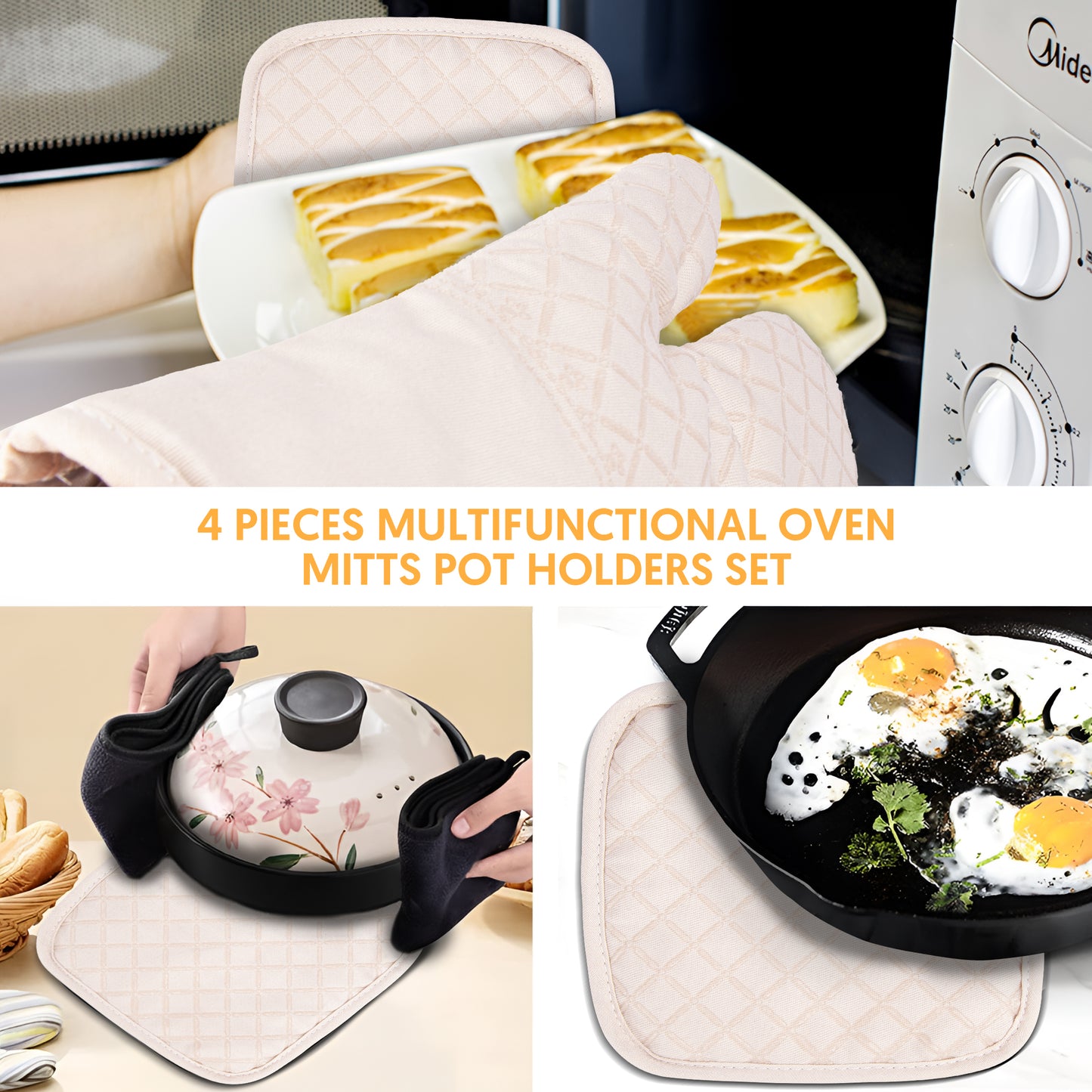 Silicone Pot Holders Heat-Resistant Oven Mitts Hot Pads for Kitchen Baking Cooking Non-Slip Gloves Beige 4pcs