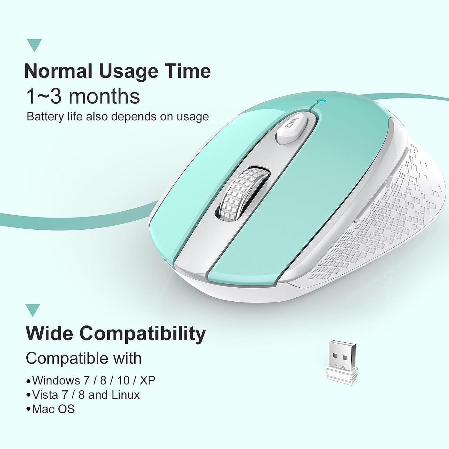 Computer Mouse Wireless, 2.4G Ergonomic Optical Mouse, Computer Mouse for Laptop, PC, Computer, Chromebook, Notebook, Auto-sleep Mode, USB Receiver, 6 Buttons, 3 Adjustment DPI, Blue