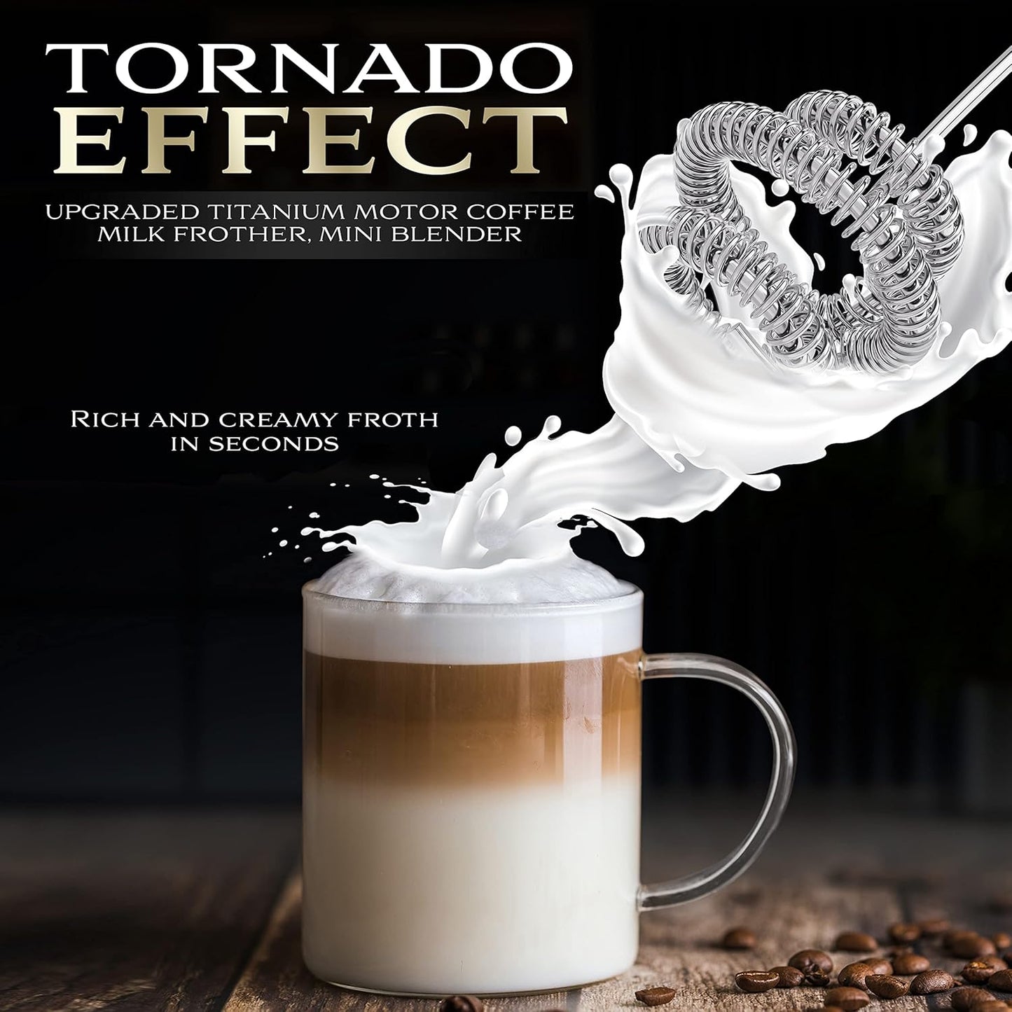 Triple Whisk Milk Frother - “Tornado” effect Handheld Foam Maker & Drink Mixer - Frother Wand for Matcha, Coffee, Latte, Cappuccino, Hot Chocolate (Black Triple Whisk)