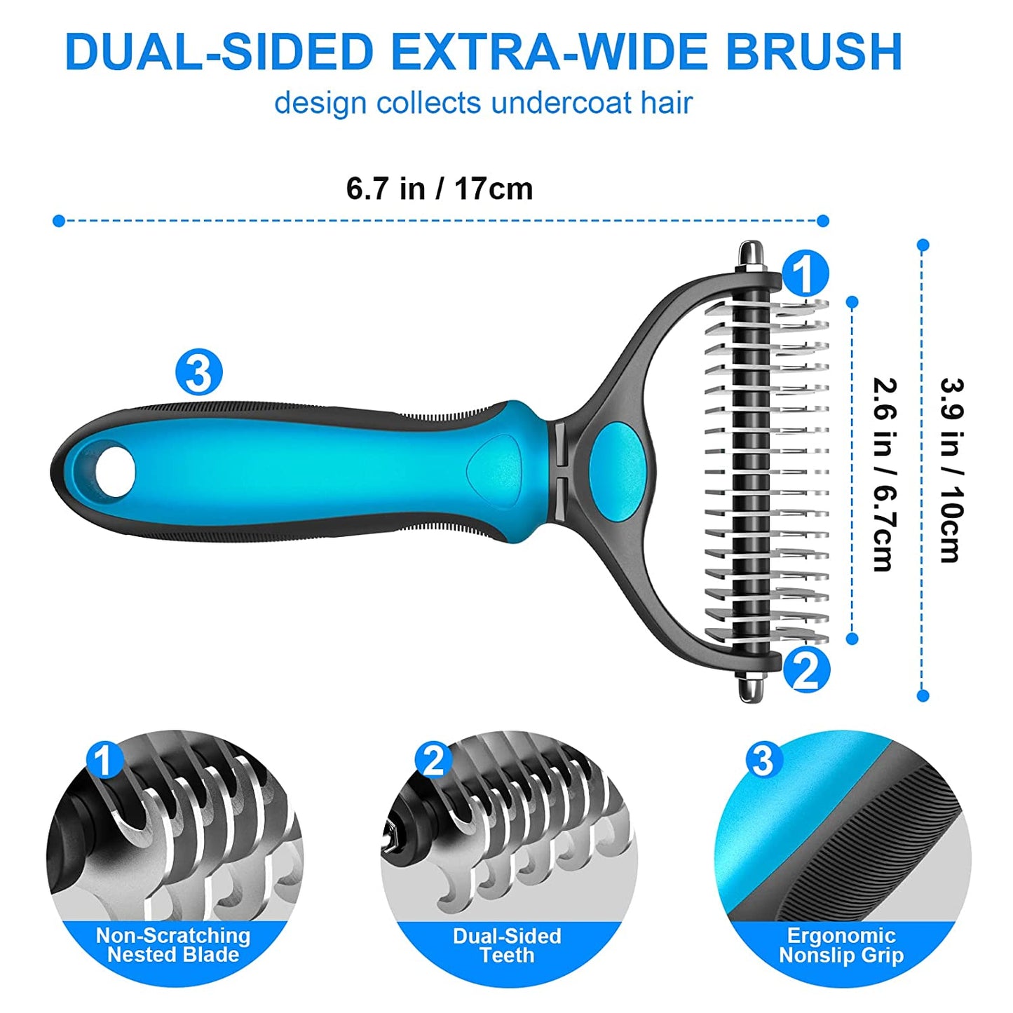 Pet Grooming Brush Gentle Dematting Comb Rake for Dogs Dematting Tool for Cats, 17+9 Teeth Double Sided Undercoat Rake for Mats Tangles Deshedding