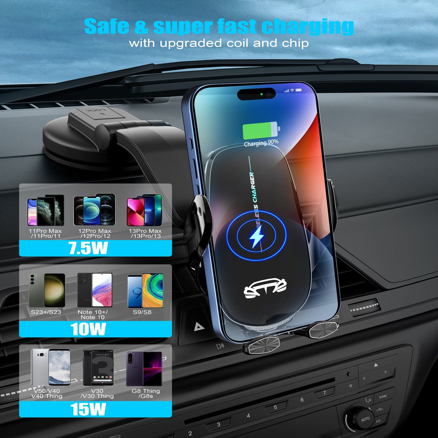 Wireless Car Charger 15W Fast Wireless Charger for Car Auto Clamping, Fit for iPhone 15 14 13 12 11 Pro Max Xs, Samsung Galaxy S23 Ultra S22 S21 S20 S10 S9 Note 9