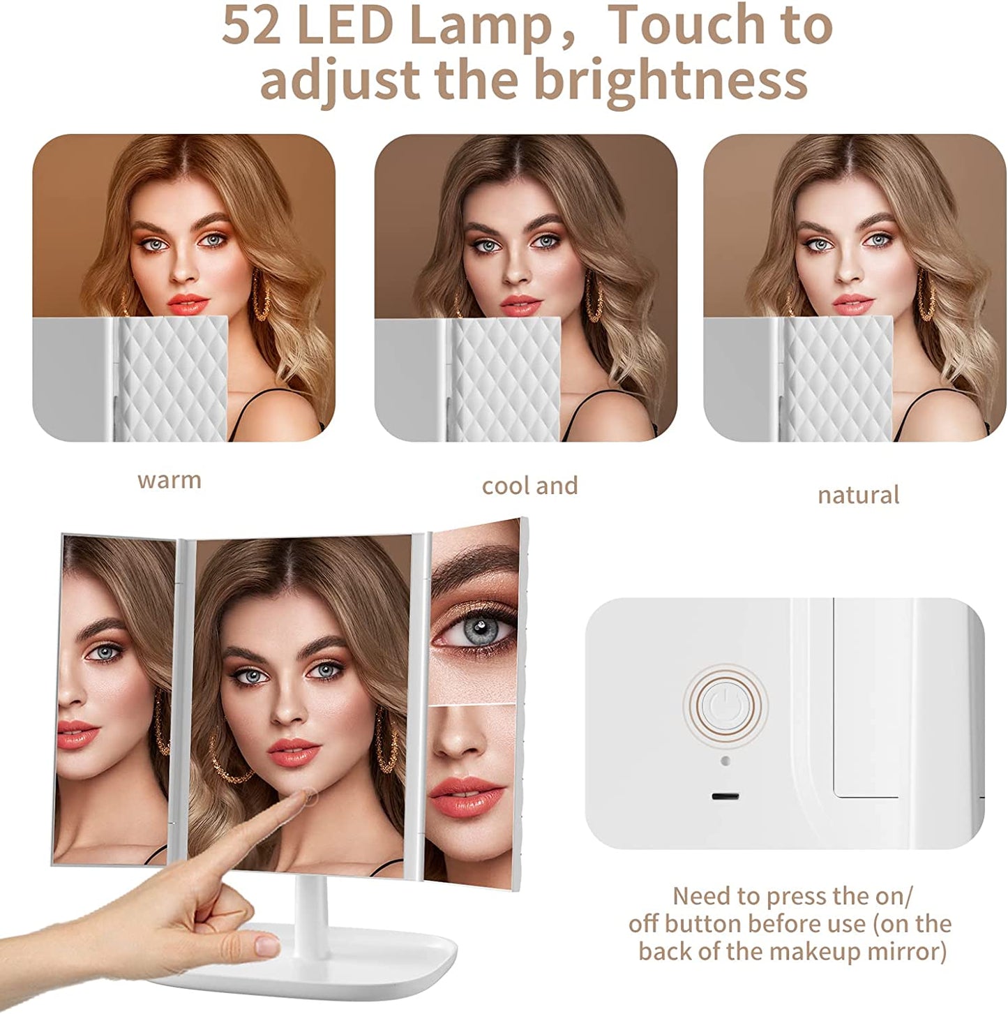 Makeup Mirror Vanity Mirror with 52 LED Lights, 1x 2X 3X Magnification, Trifold Lighted Face Mirrors, Touch Control, with 360 Degree Adjustable Stand Portable, White