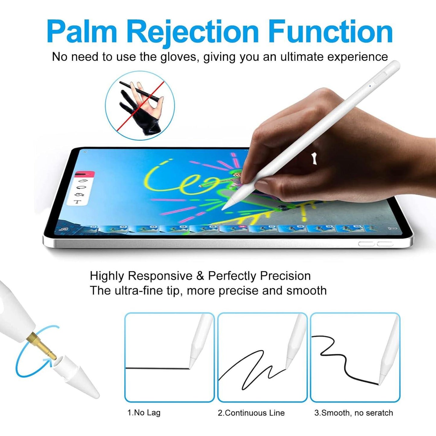 Pen for iPad 2018-2024 with Palm Rejection, Apple Pencil for Apple iPad 10th/9th/8th/7th/6th Gen, iPad Pro 11/12.9 inch, New iPad Air 2024 11&13-inch(M2) /5th/4th/3th Gen, iPad Mini 6th/5th Gen