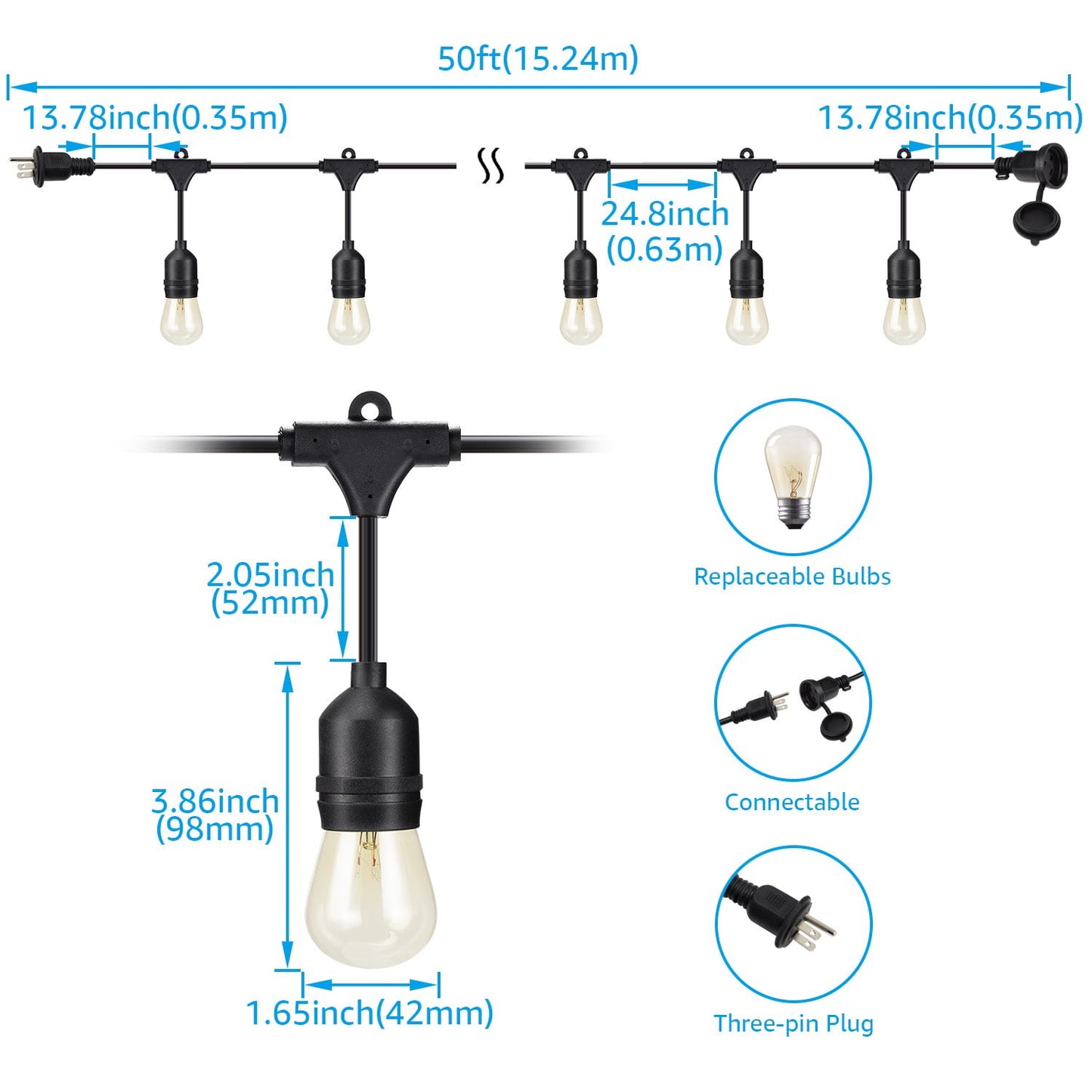 2 Pack 50ft Hanging Light Outdoor Weatherproof, 24 Sockets