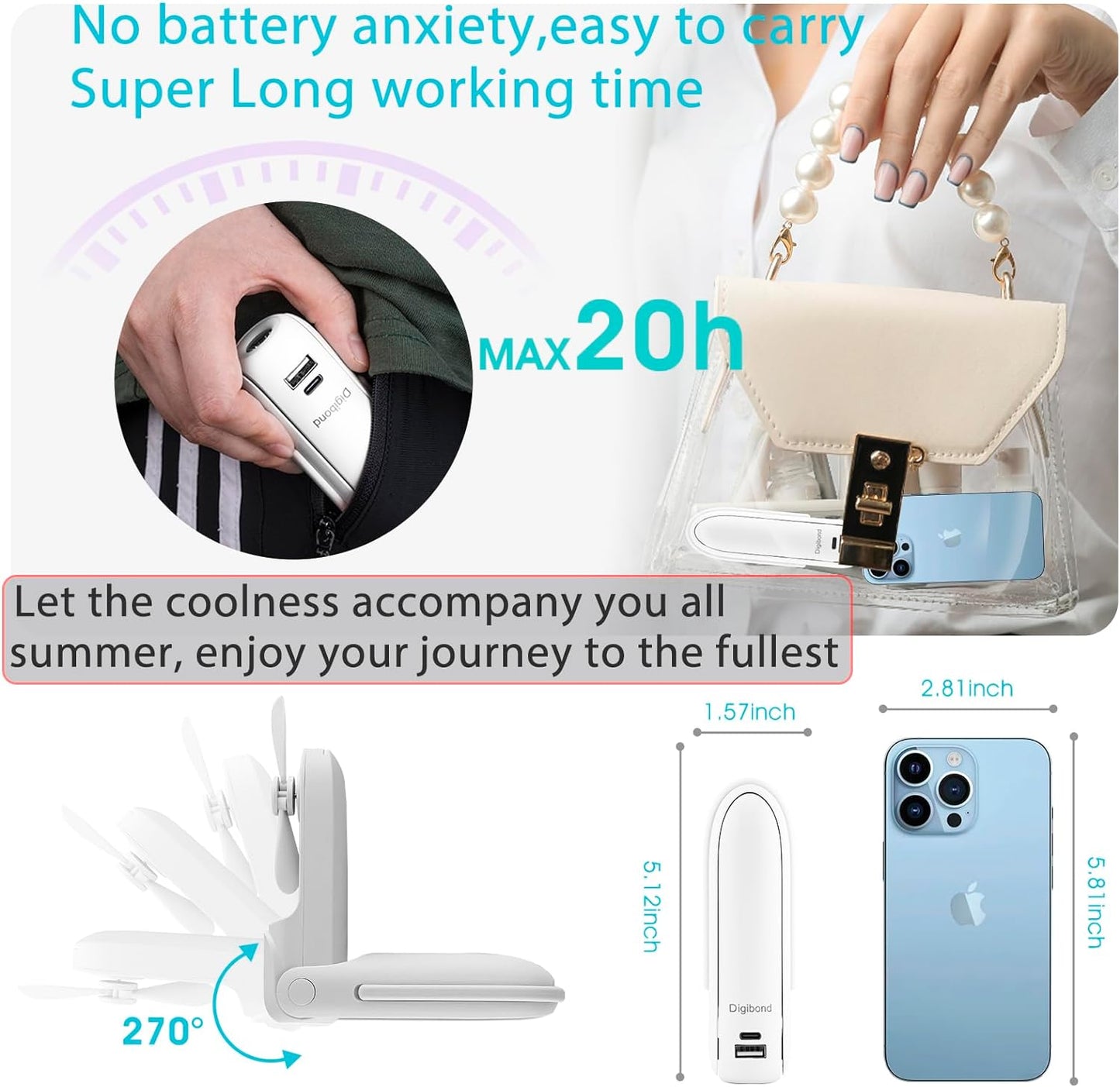 Juyafio Portable Handheld Fan, Personal Fan Handheld, 6 IN 1 Electric Hand Fan Battery Operated Bullet Fan Handheld Mini Fan with Flashlight/Power Bank/Hook Rechargeable Fan Portable 3 Speed (White)