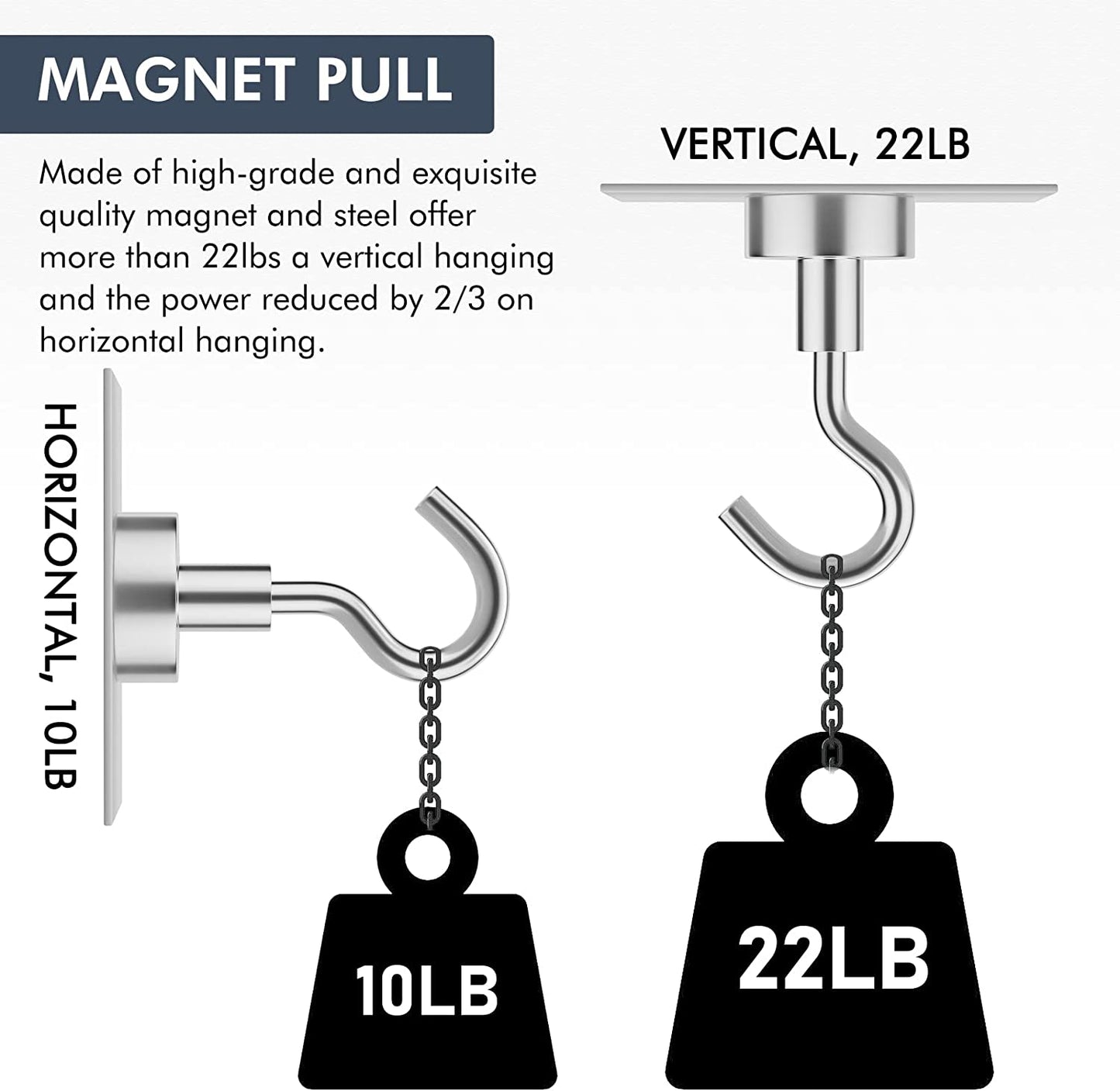 QSCQ Super-Strength Neodymium Magnetic Hooks Walls, 22lb Capacity (Pack of 4) - Silver Nickel Coating, Versatile Home and Garage Solution - Ideal for DIY Hobbyists and Professionals, Heavy-Duty Use,Ma