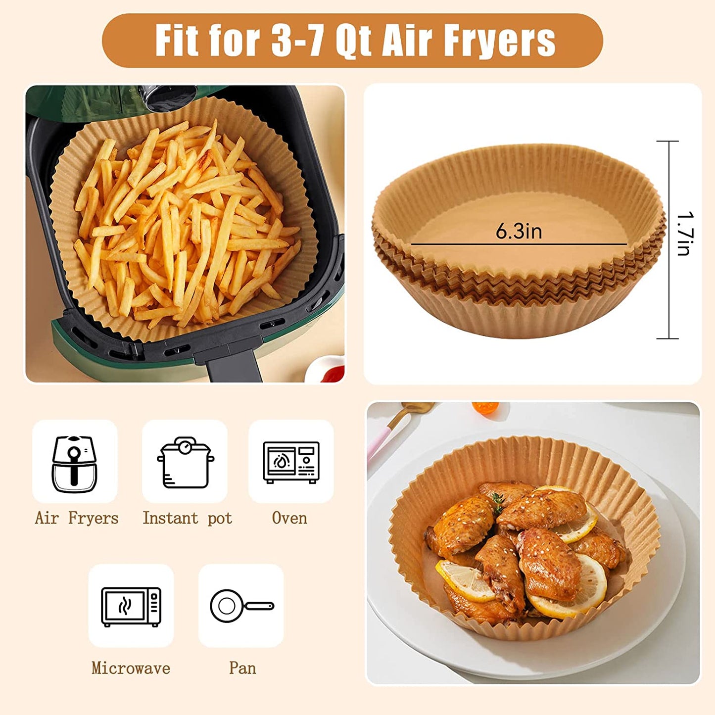 Air Fryer Paper Liners, 25Pcs 6.3 inch Non-Stick Air Fryer Liners Disposable Oil-Proof Air Fryer Parchment Paper for Baking Roasting Microwave