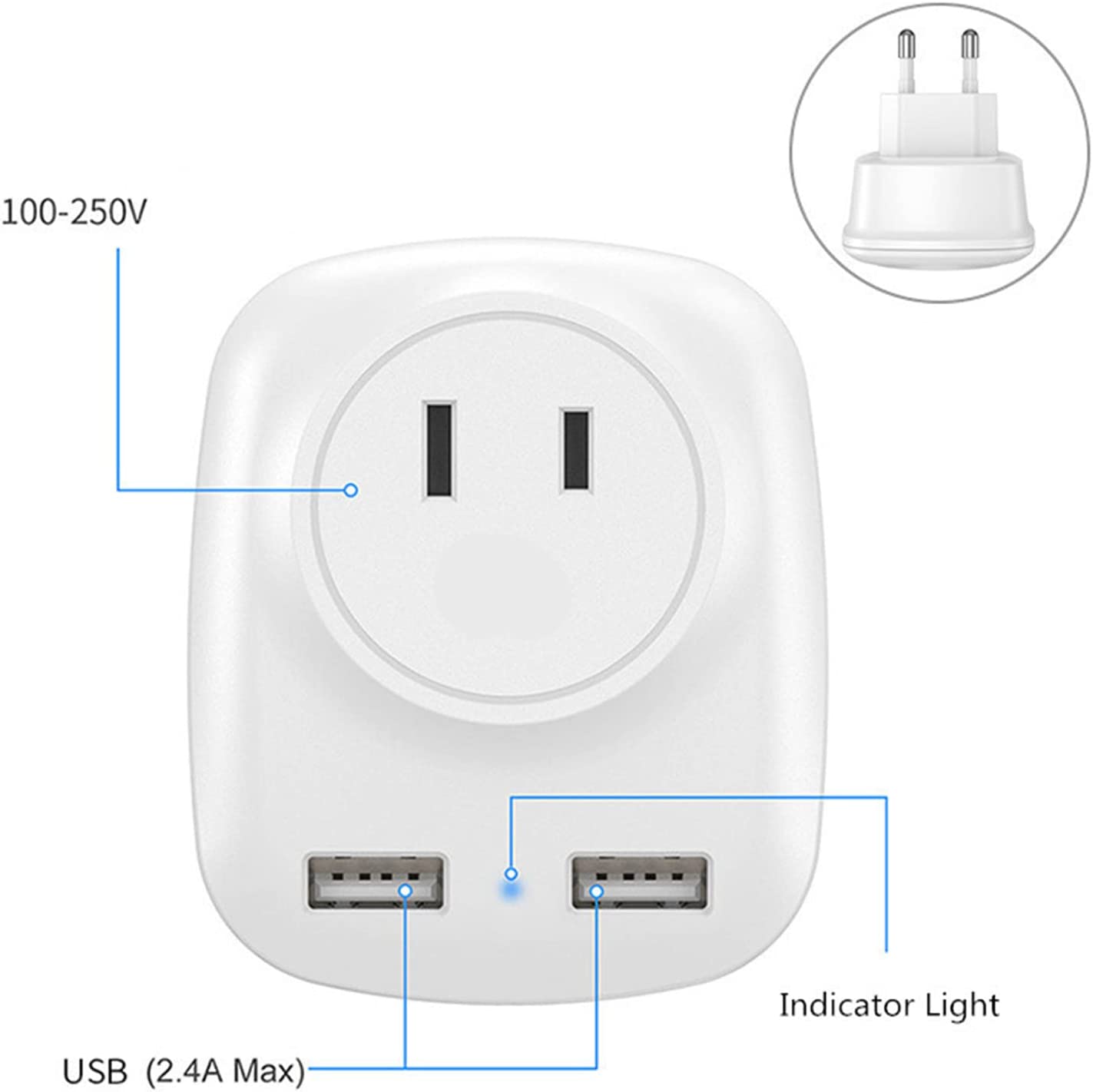 European Travel Plug Adapter with 2 USB, Multifunctional European Plug Adapter for US to Most of Europe EU Spain Italy France Germany