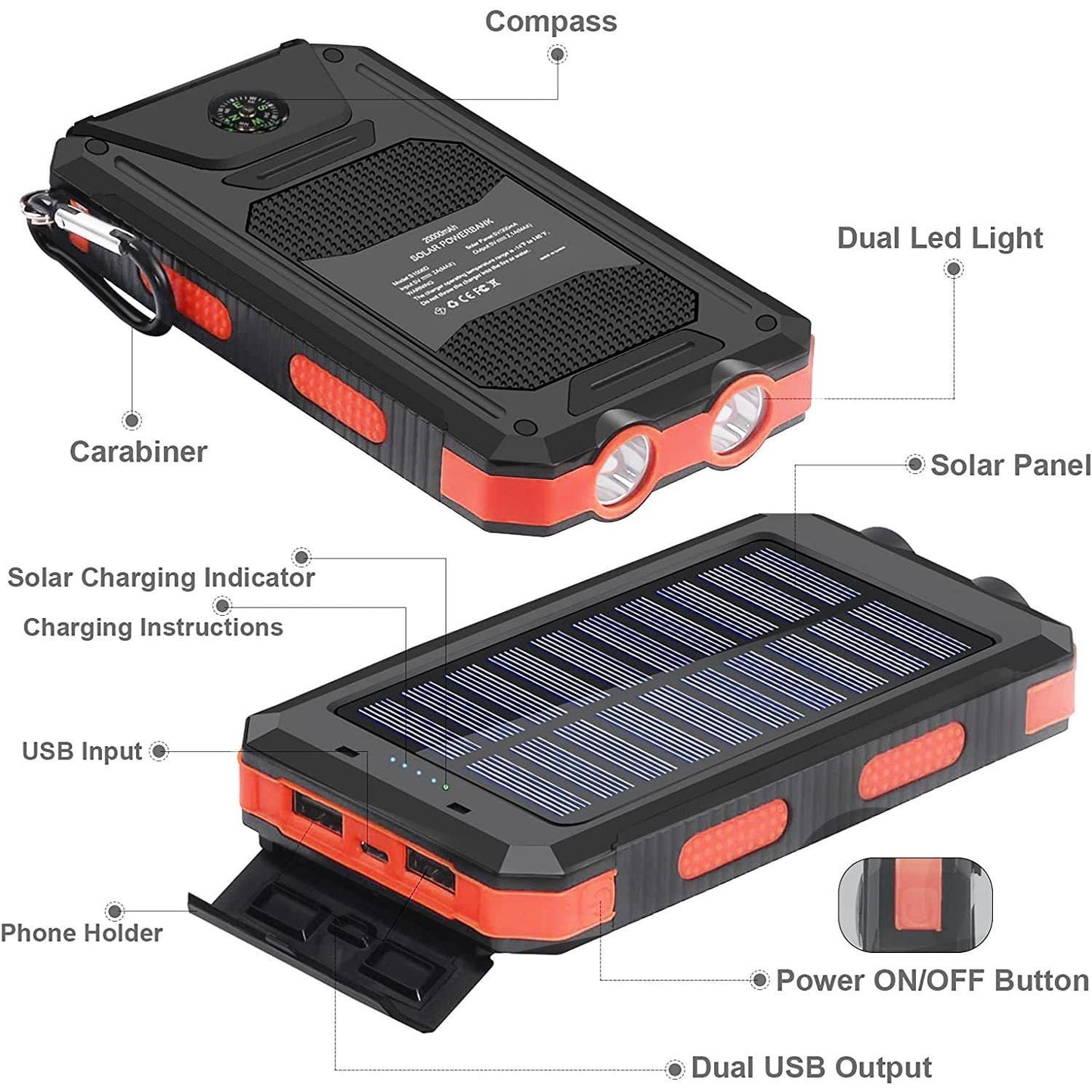 Solar Charger for Cell Phone 20000mAh, Portable Solar Power Bank with Dual 5V USB Ports, 2 Led Light Flashlight, Compass (Red)