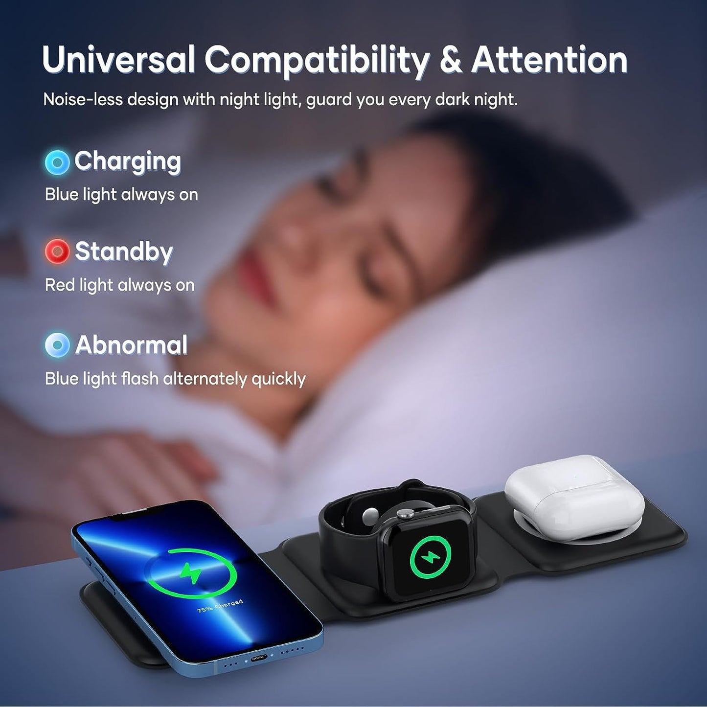 3 in 1 Wireless Charging Station for iPhone and Android Magnetic Wireless Charger iPhone 14 13 12 11/Pro/XS/XR AirPods 3/2/Pro Foldable Charger Dock Station for iWatch Black