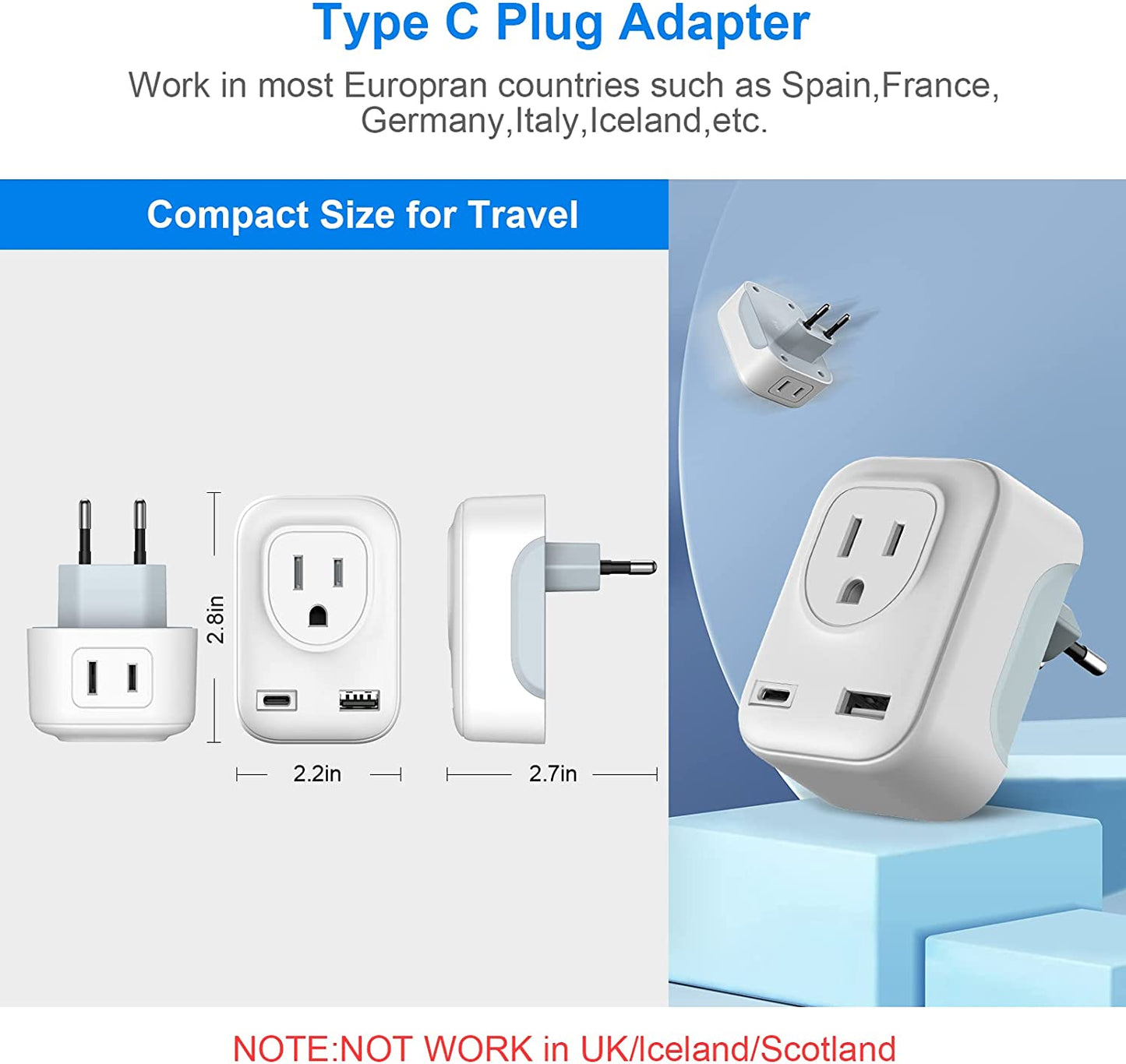 Converter Plug Universal Adapter, 4 in 1 European Power Plug Adapter, 0.2lb US to Europe Plug Adapter, International Plug Adapter and Converter, Power Converter for International Travel