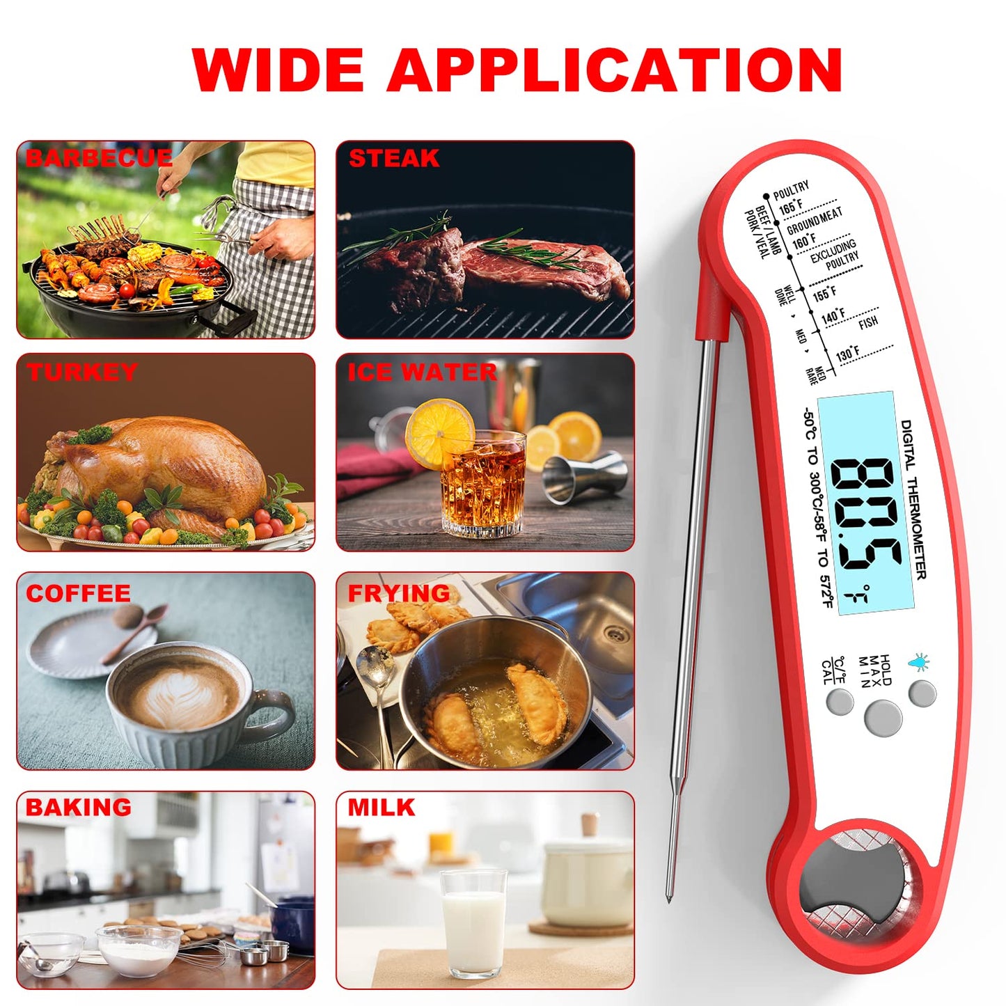 Digital Meat Thermometer, Instant Read Grill Thermometer, Food Thermometer for Outdoor Cooking, BBQ Accessories, Cooking Thermometer for Kitchen