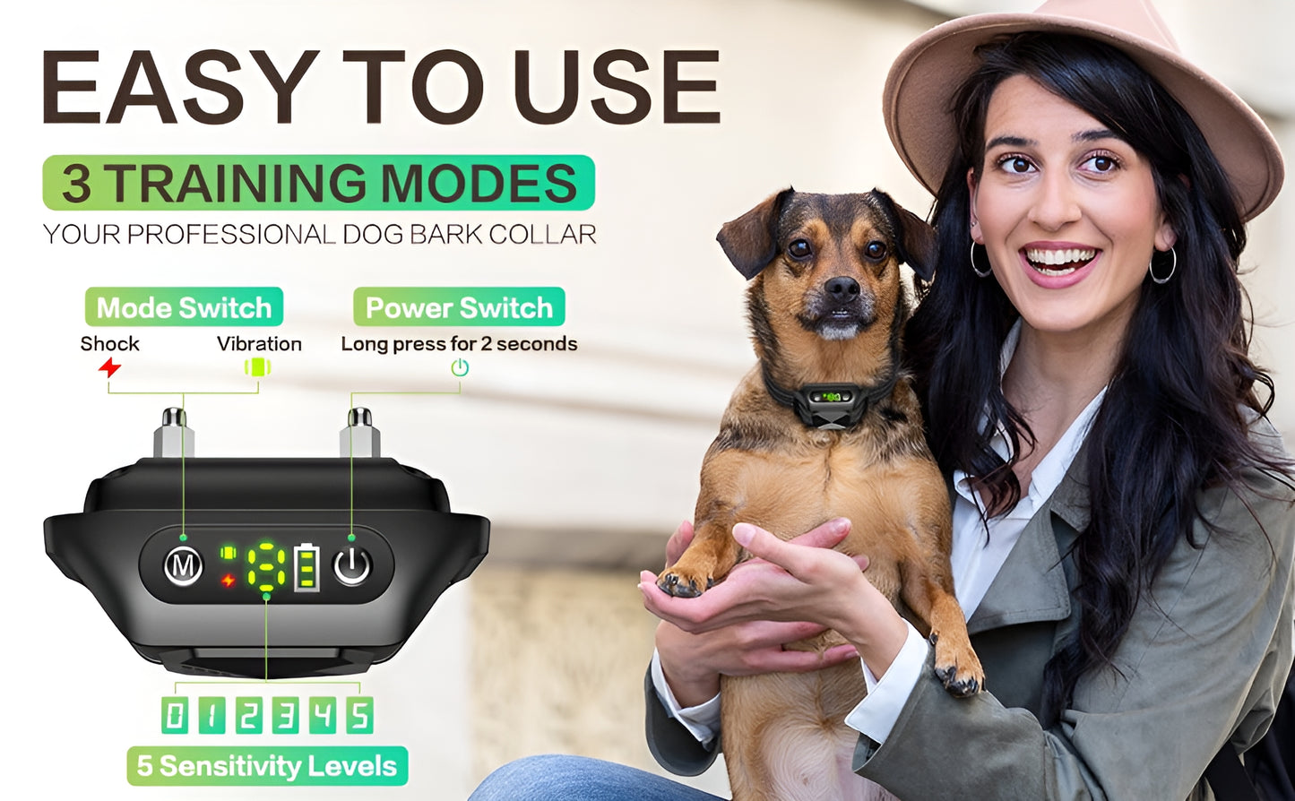 Versatile Dog Bark Collar Rechargeable,No Shock Green Suitable for All Dog Sizes,Equipped with Gentle Beep Vibration for Effective Training Perfect for Home,Walks,Pet Owners and Dog Trainers