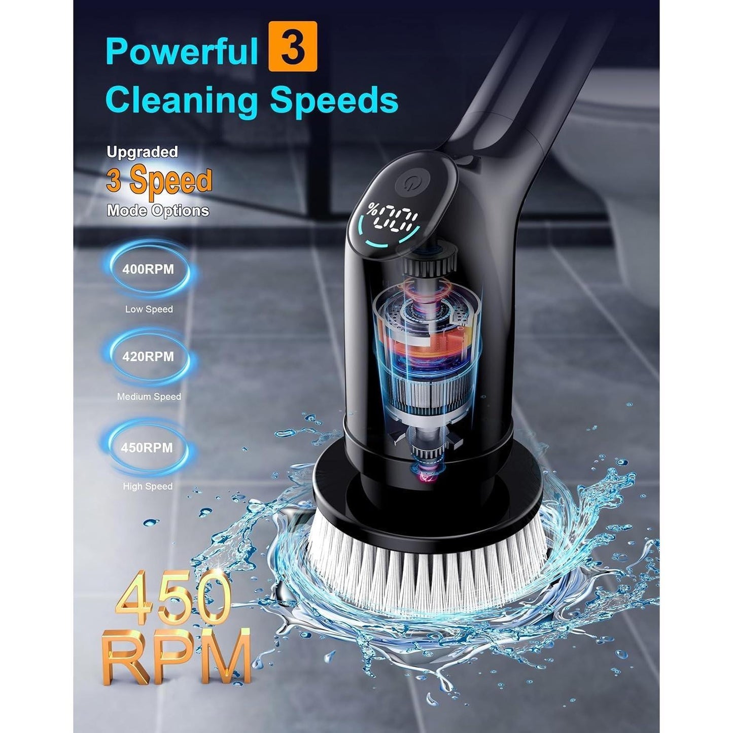 Electric Spin Scrubber, Shower Scrubber with 53.3'' Adjustable Extension Arm, 2 Spin Speeds Adjustable, 3 Replaceable Cleaning Brush Heads, Power Scrubber for Cleaning Bathroom/Shower/Tub/Tile/Car