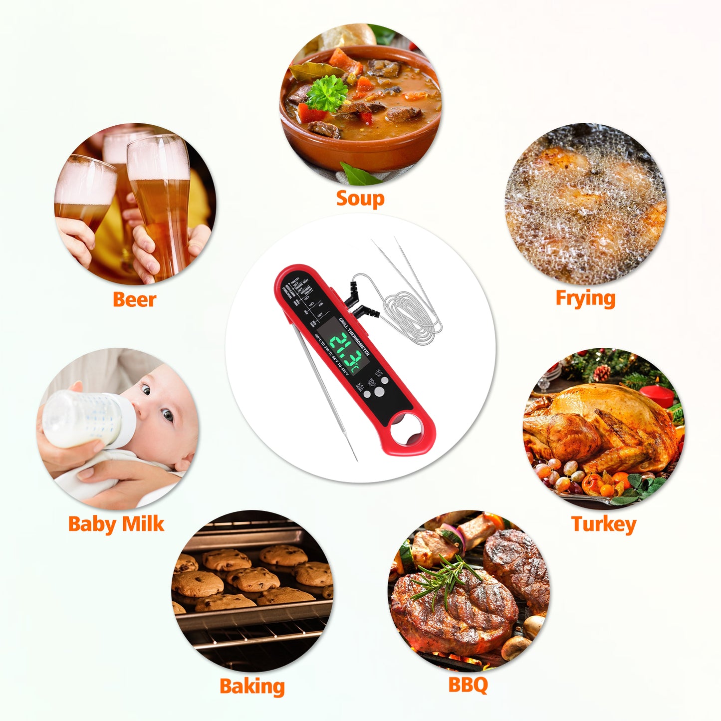 Meat Thermometer Digital with 2 External Probe, Instant Read Food Thermometer Probe with Backlit Magnetic Alarm Waterproof for Cooking and Grilling Kitchen Turkey Candy BBQ