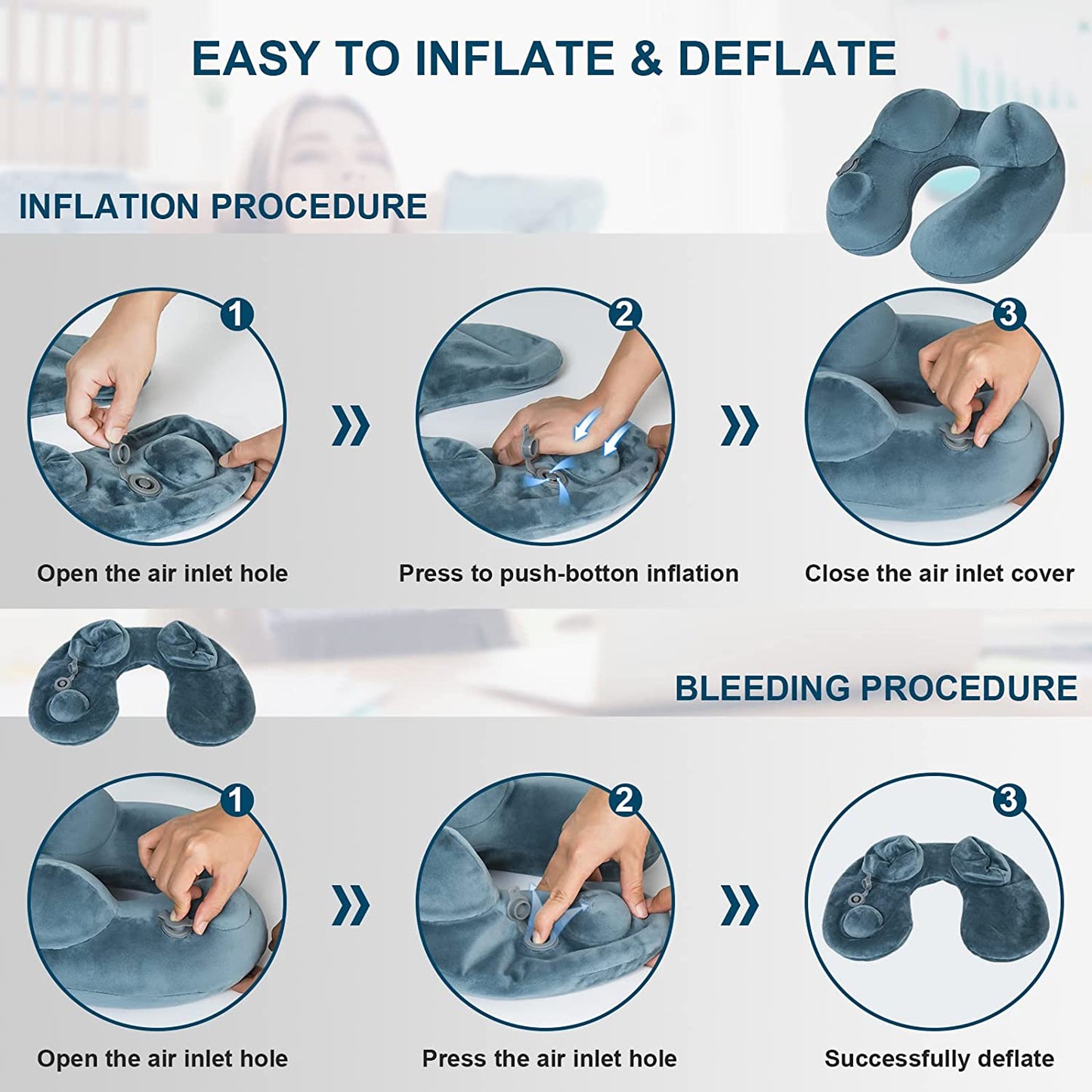 Self-Inflatable Travel Pillow for Sleeping Airplane Train Car Office U-Shaped Hump Napping Pillow with Washable Cover and Packsack, Adjustable Neck/Chin Support