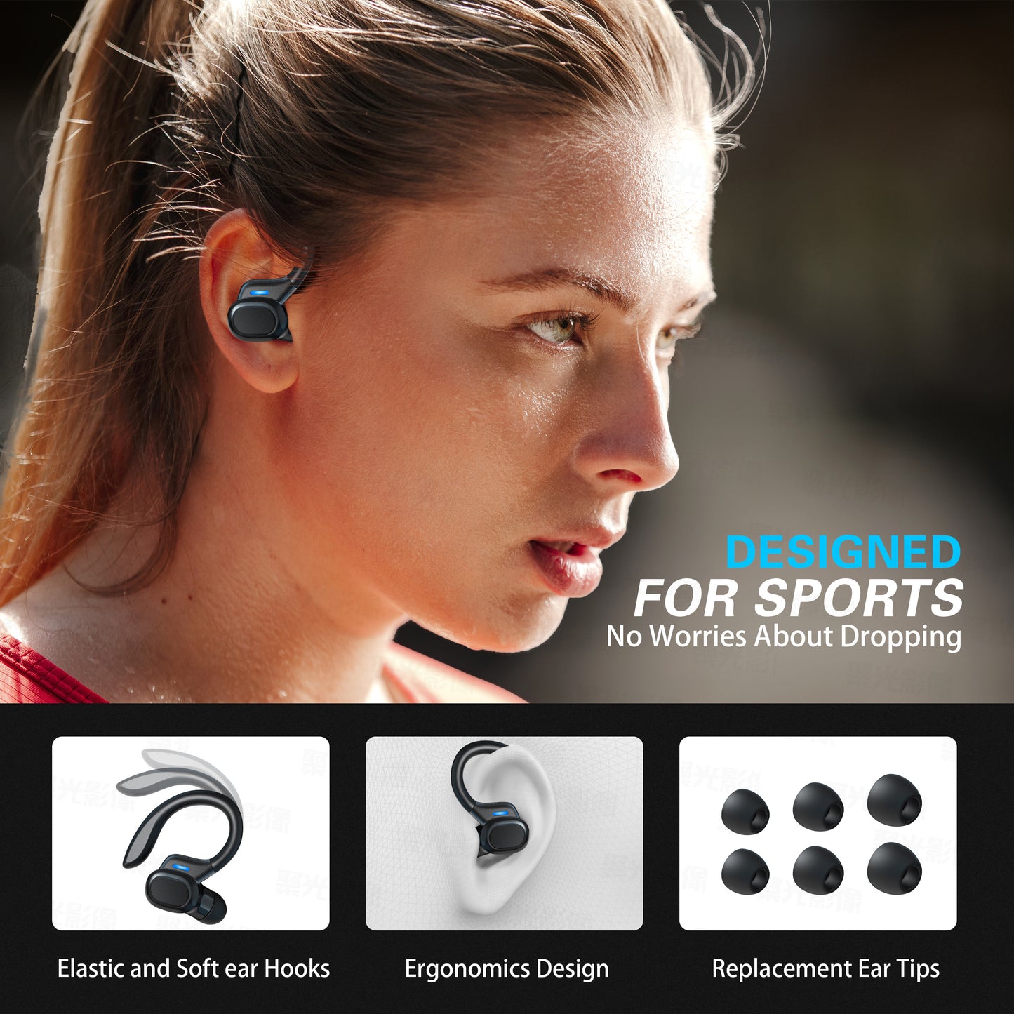 QSCQ Wireless Earbuds, Bluetooth 5.0 Headphones with Mic, Sport True Wireless Earphones in Ear Noise Cancelling, Ear Hooks with LED Display Touch Control for Sport/Work, IPX65 Waterproof