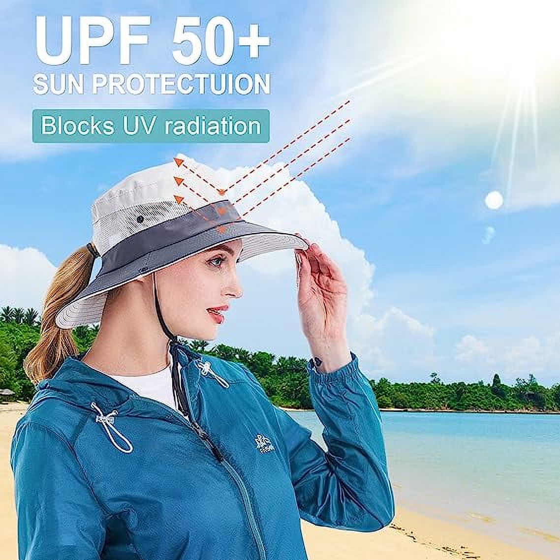 Sun Hat for Women UV Protection Bucket Fishing Hat with Ponytail-Hole, Foldable Outdoor Sun Hats Mesh Wide Brim Beach Hat