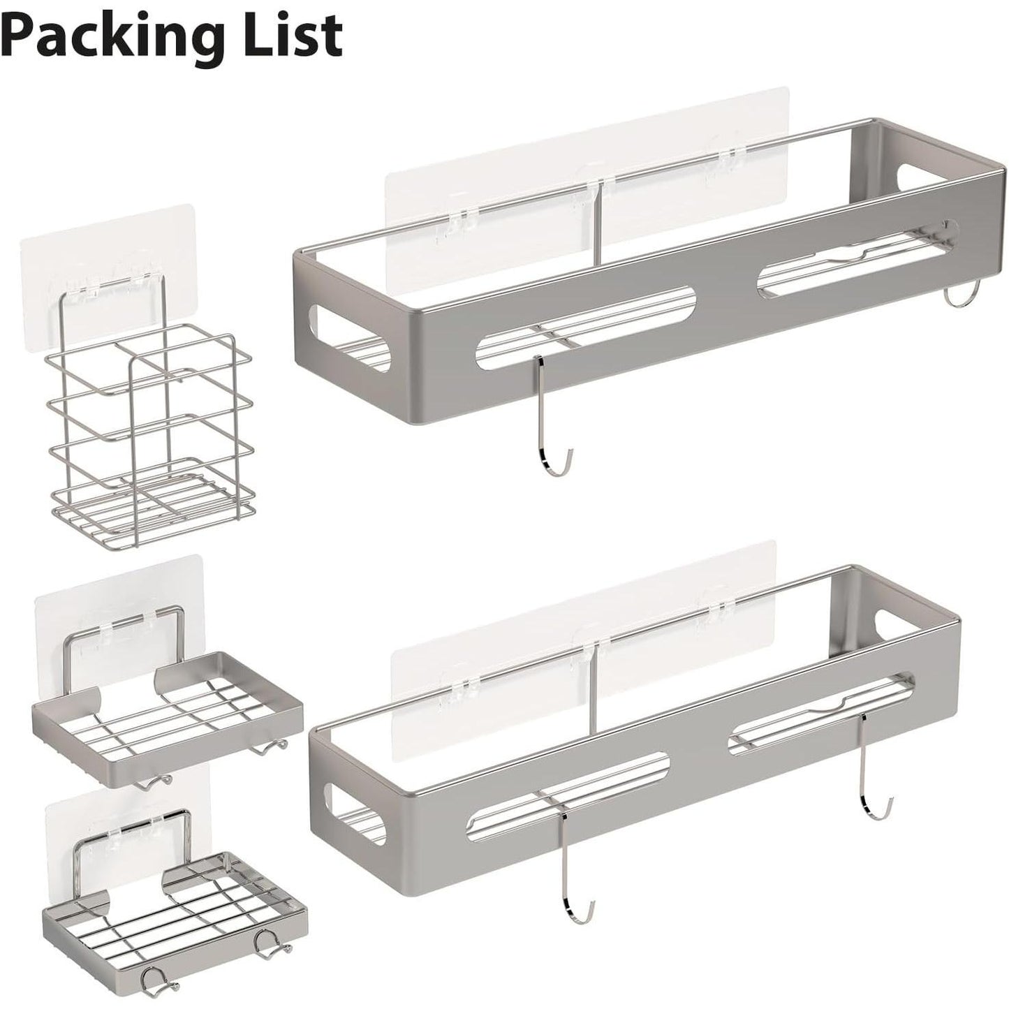 5 Pack Shower Caddy Bathroom Organizer Shelf with 4 Hooks, Rustproof Strong Adhesive Storage Rack with Toothbrush Soap Holder No Drilling for Inside Shower Home Kitchen Organizer (Silver)