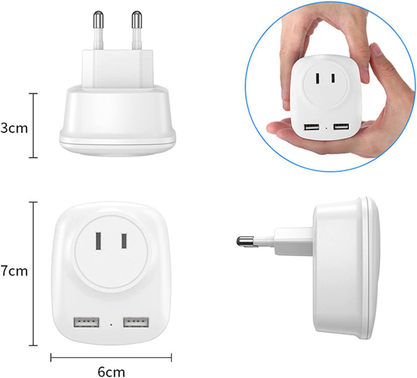 European Travel Plug Adapter with 2 USB, Multifunctional European Plug Adapter for US to Most of Europe EU Spain Italy France Germany