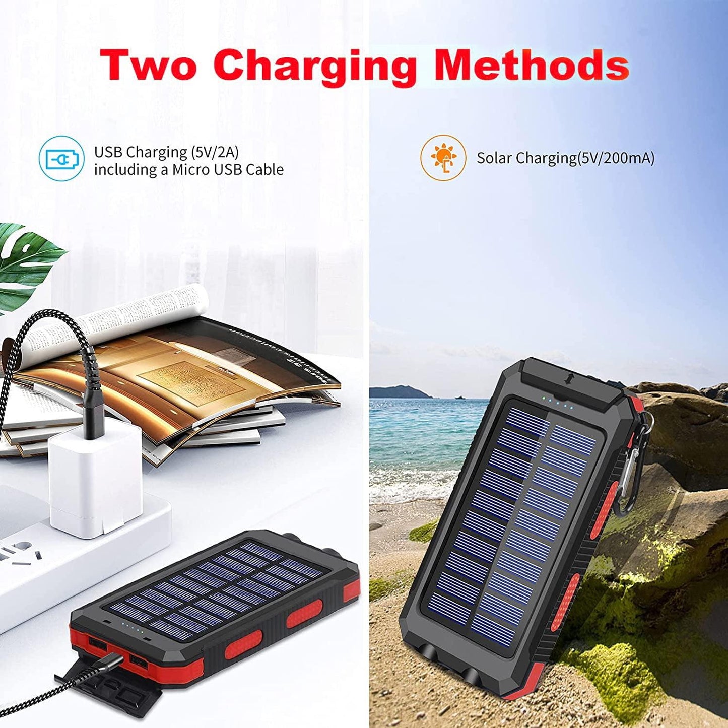 Solar Charger for Cell Phone 20000mAh, Portable Solar Power Bank with Dual 5V USB Ports, 2 Led Light Flashlight, Compass (Red)