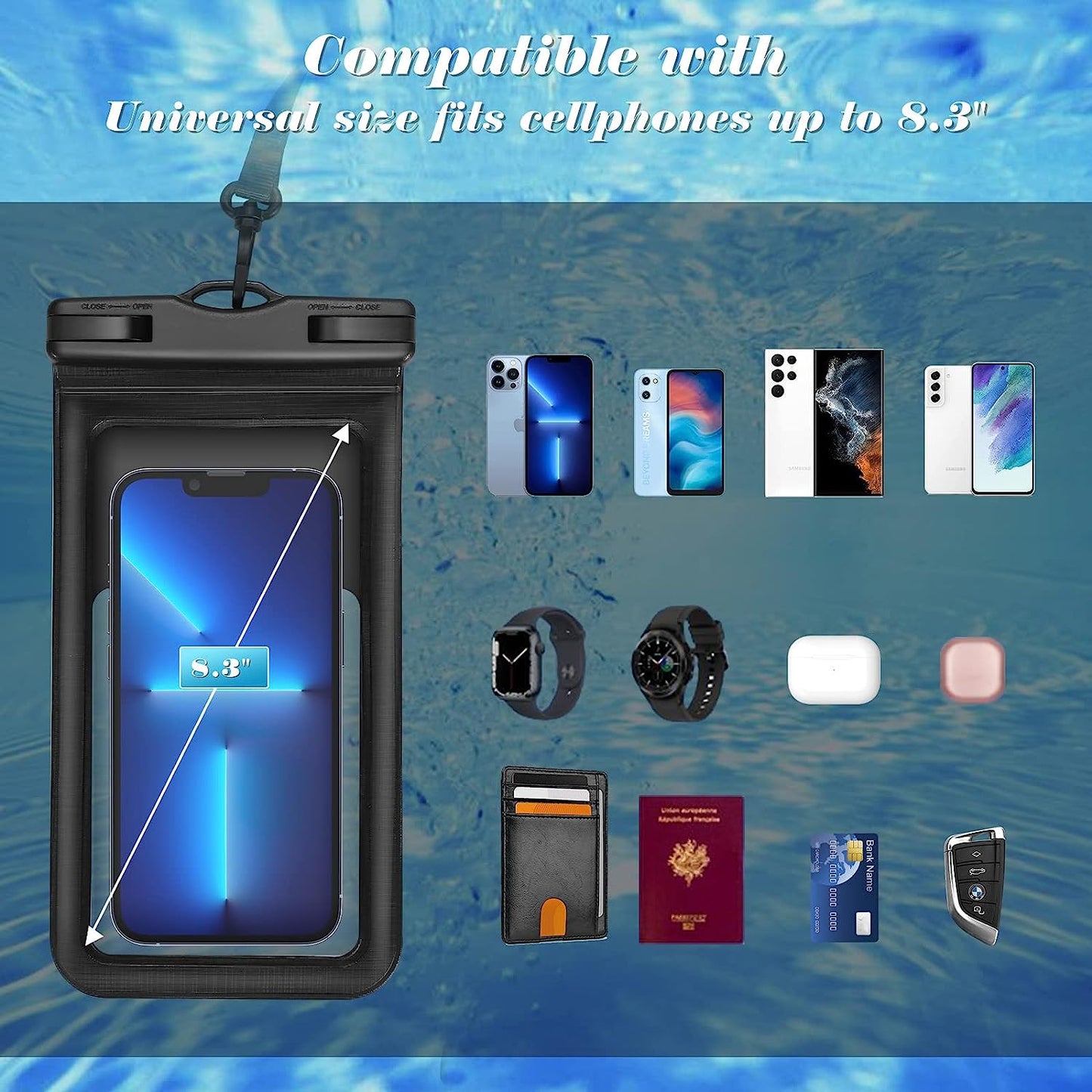 Multi-Device Waterproof Phone Case: IPX8 Certified for iPhone/Android, Ideal for Outdoor Adventures, Beach Visits, Tourists & Tech Lovers, Stylish 8.3-inch Black+Blue Design, Max Protection