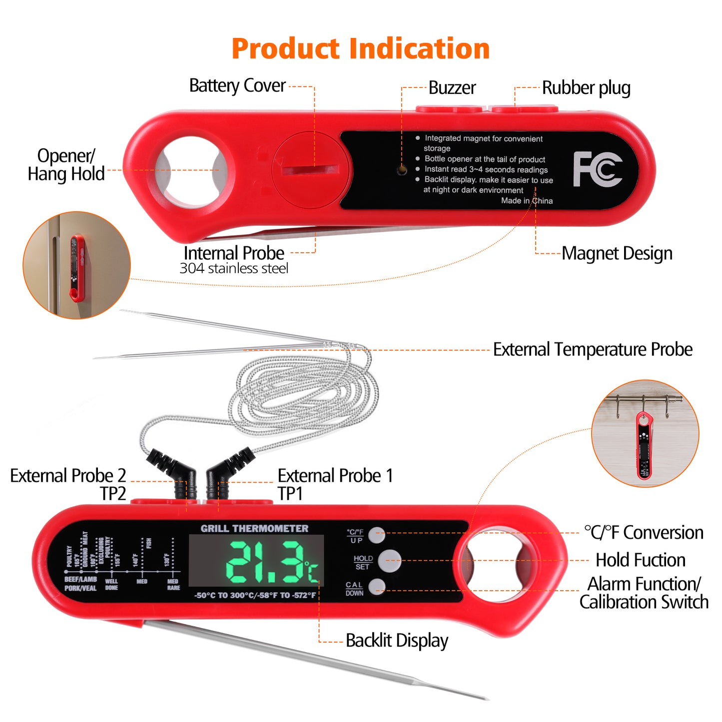 Meat Thermometer Digital with 2 External Probe, Instant Read Food Thermometer Probe with Backlit Magnetic Alarm Waterproof for Cooking and Grilling Kitchen Turkey Candy BBQ