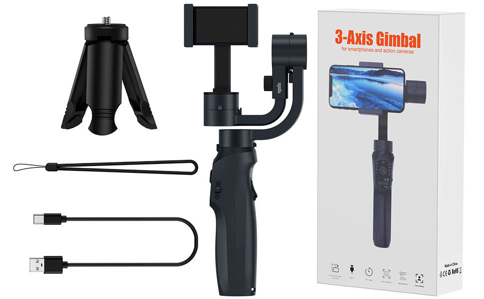 QSCQ Gimbal Stabilizer for Smartphone, 3-Axis Gimbal Gimbal for iPhone and Android Selfie Stick, Portable and Foldable Phone Stabilizer for Video Recording with Face/Object Tracking