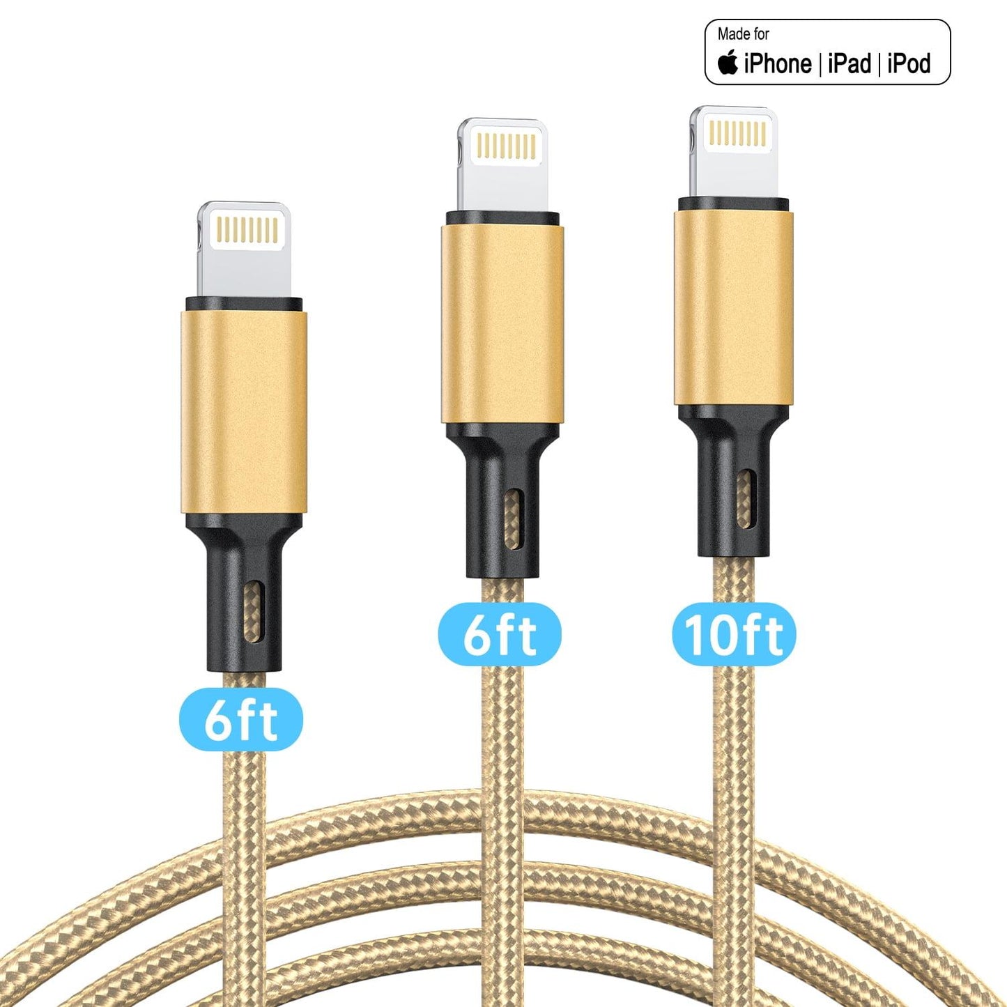 3Pack [Apple MFi Certified] iPhone Charger Cables (3/6/6ft), Long Lightning Cable Nylon Fast iPhone Charging Cord Compatible for iPhone 13/13 pro/12/11/11 Pro/X/Xs Max/XR/ iPad Air 2/Mini Airpods