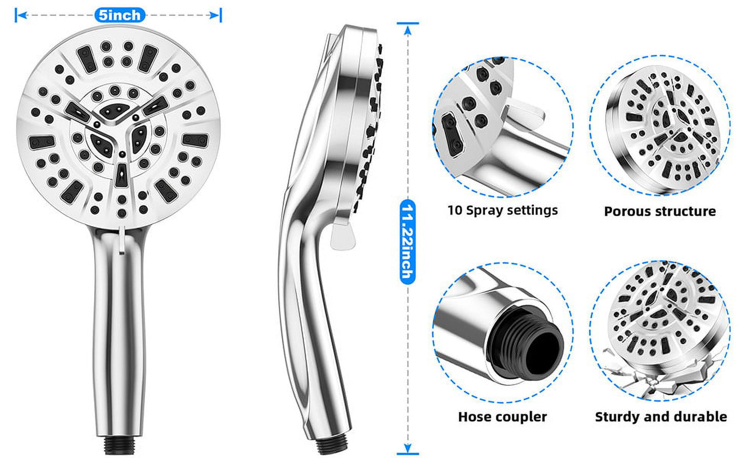 Shower Head, 10-Mode Detachable Shower Head with Handheld, High Pressure Shower Heads with Hose 59 inch Stainless Steel and Adjustable Brass Bracket, Shower Head for Bathroom Tub