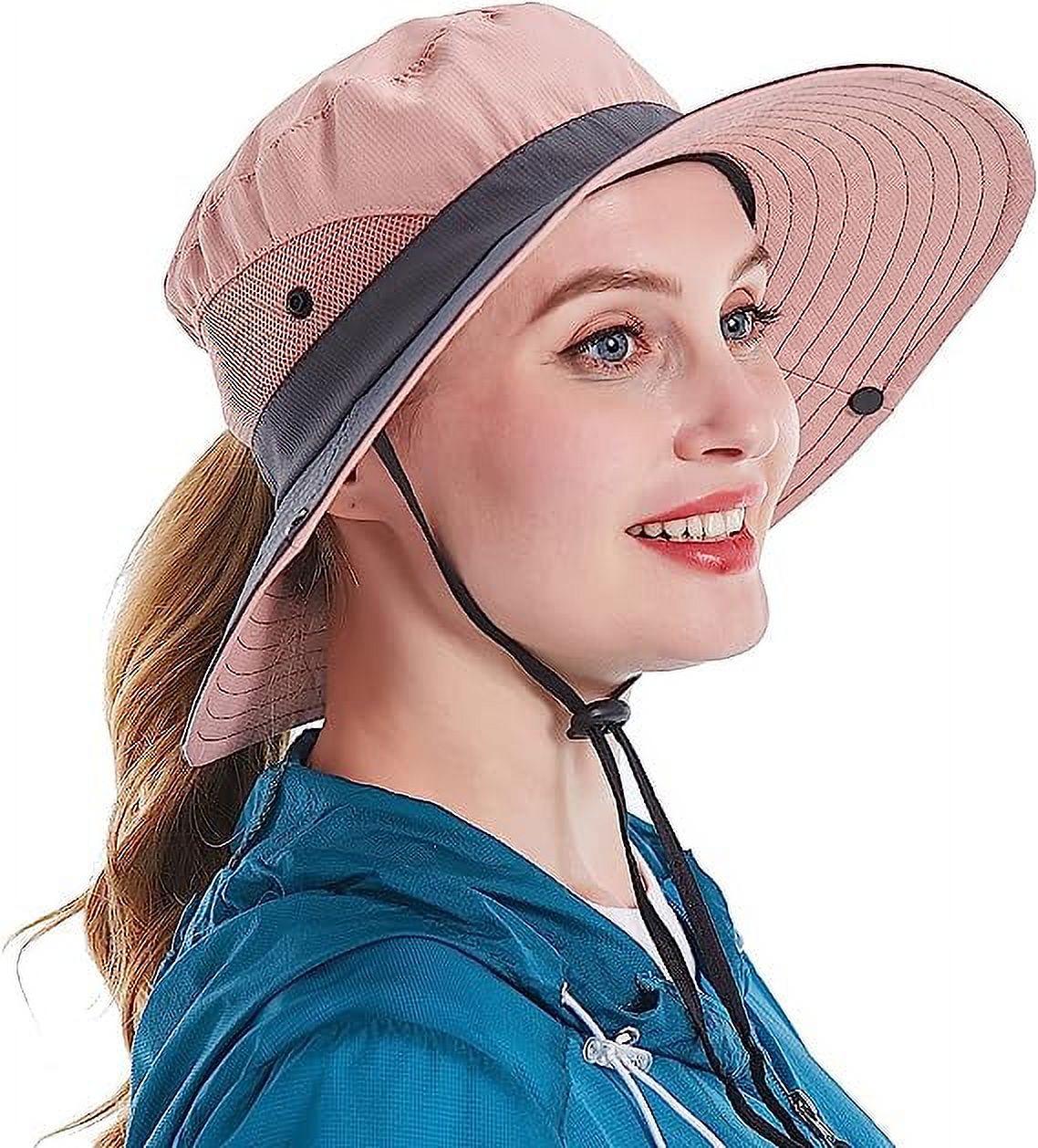 Sun Hat for Women UV Protection Bucket Fishing Hat with Ponytail-Hole, Foldable Outdoor Sun Hats Mesh Wide Brim Beach Hat