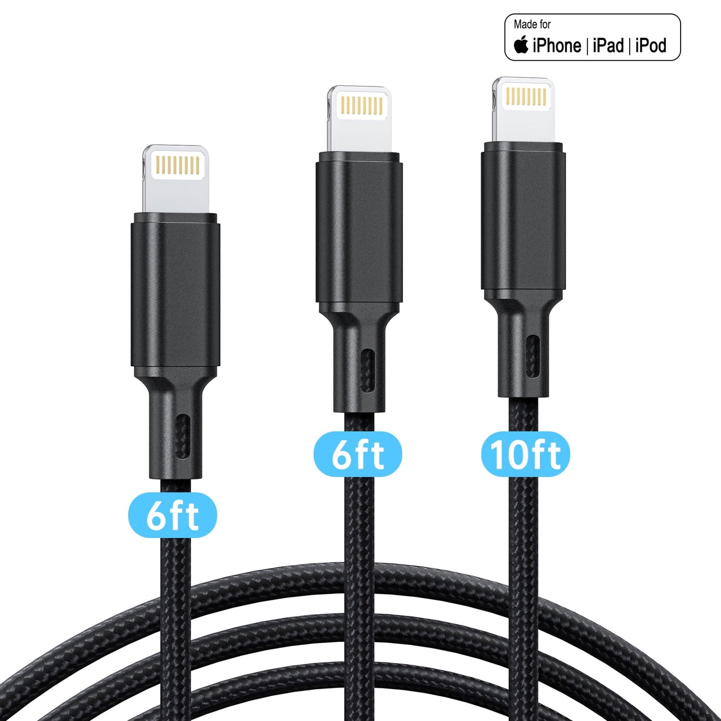 3Pack [Apple MFi Certified] iPhone Charger Cables (3/6/6ft), Long Lightning Cable Nylon Fast iPhone Charging Cord Compatible for iPhone 13/13 pro/12/11/11 Pro/X/Xs Max/XR/ iPad Air 2/Mini Airpods