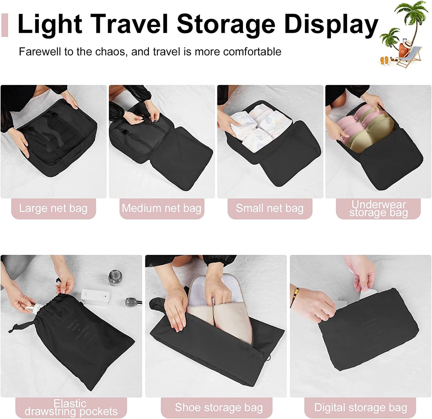 Packing Cubes for Travel 7 Pcs Foldable Travel Cubes Set Lightweight Luggage Organizers