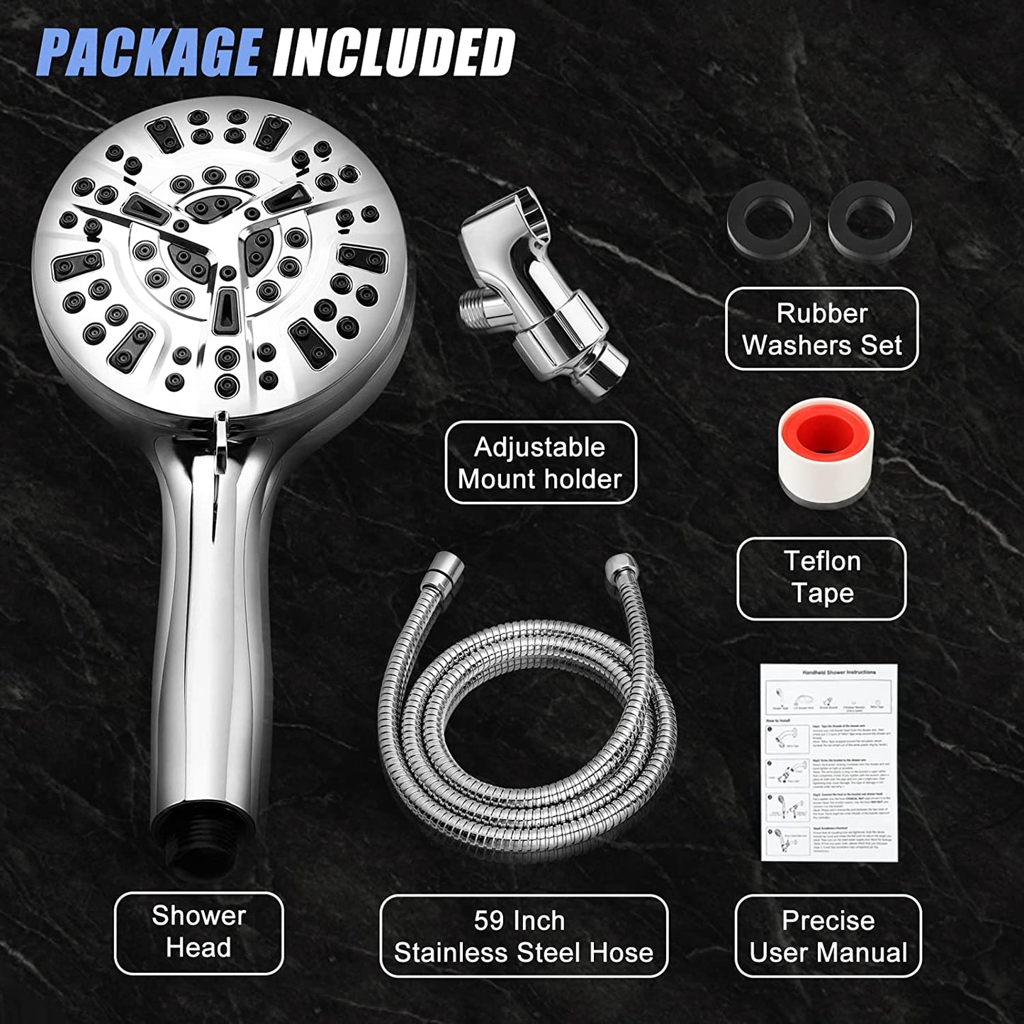 Shower Head, 10-Mode Detachable Shower Head with Handheld, High Pressure Shower Heads with Hose 59 inch Stainless Steel and Adjustable Brass Bracket, Shower Head for Bathroom Tub