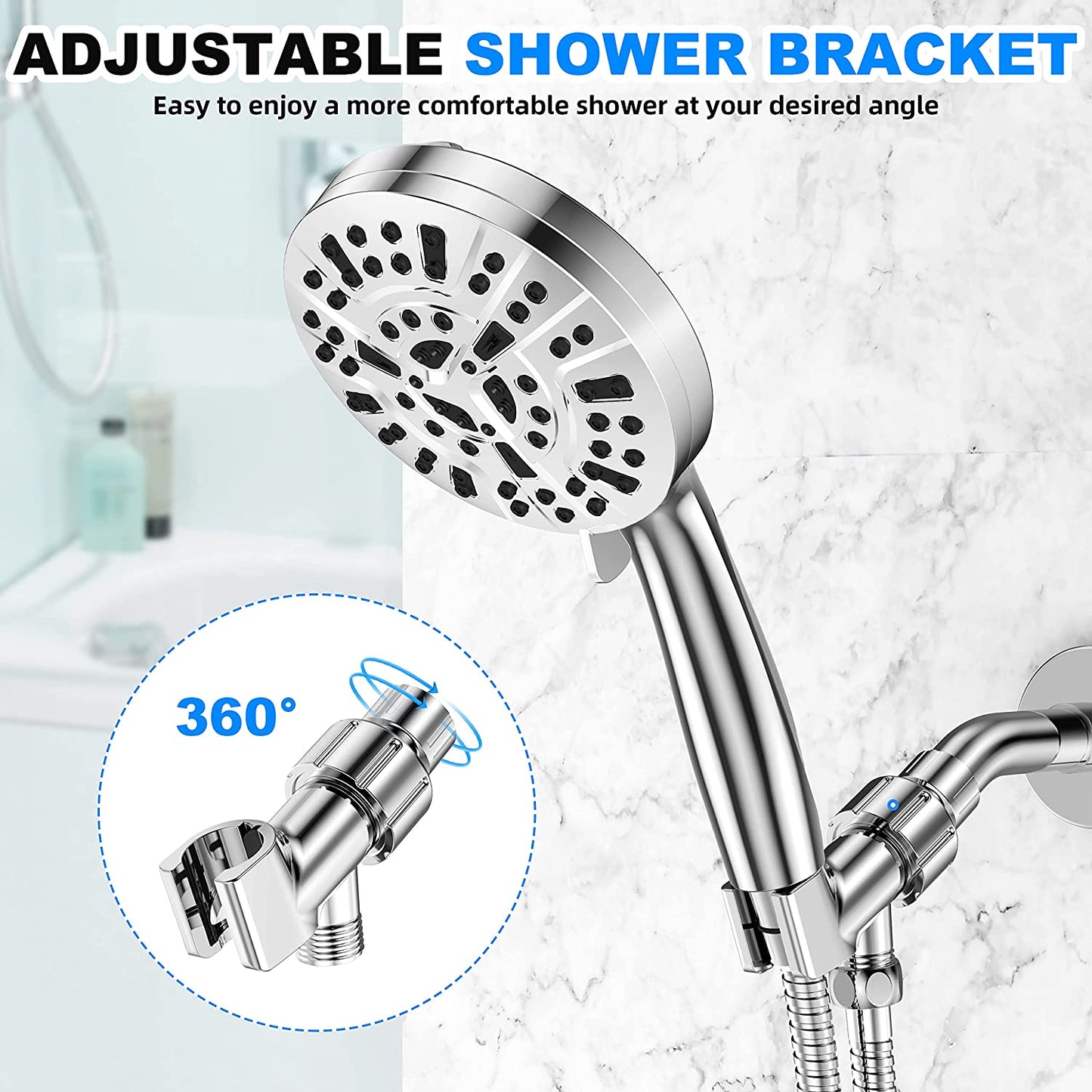 Shower Head, 10-Mode Detachable Shower Head with Handheld, High Pressure Shower Heads with Hose 59 inch Stainless Steel and Adjustable Brass Bracket, Shower Head for Bathroom Tub