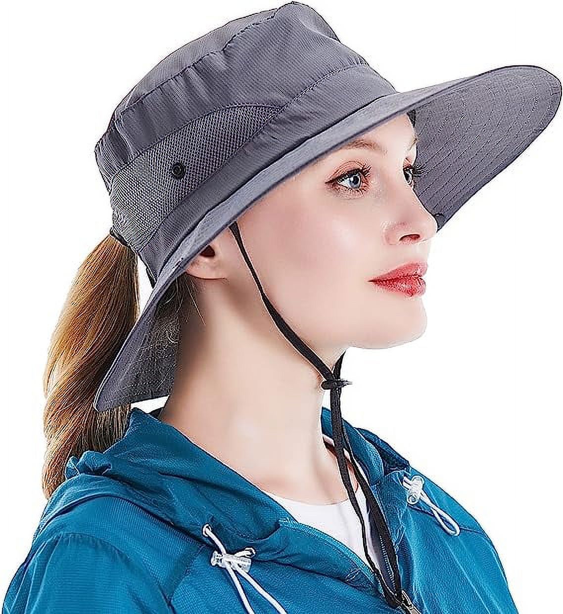 Sun Hat for Women UV Protection Bucket Fishing Hat with Ponytail-Hole, Foldable Outdoor Sun Hats Mesh Wide Brim Beach Hat