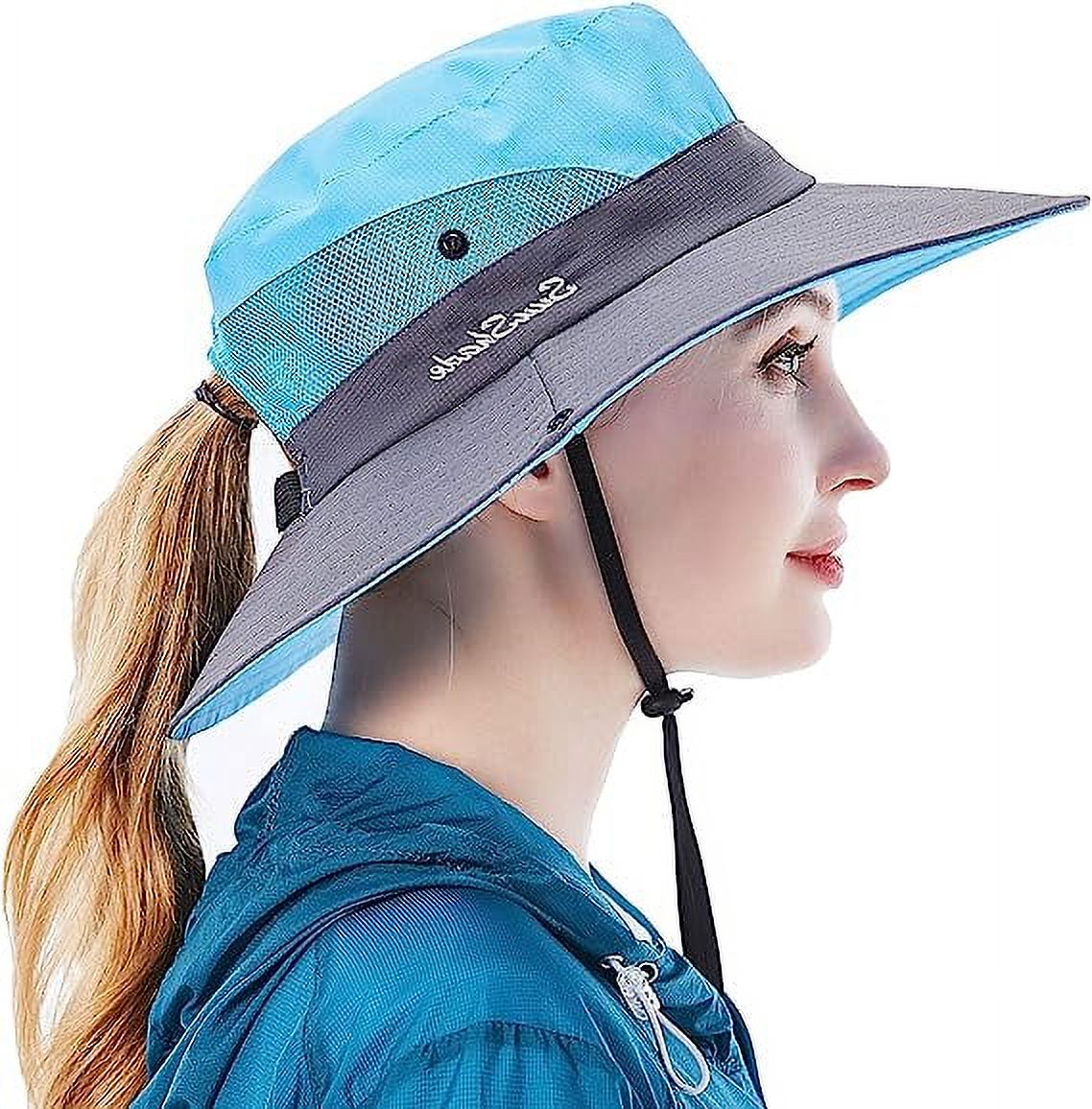 Sun Hat for Women UV Protection Bucket Fishing Hat with Ponytail-Hole, Foldable Outdoor Sun Hats Mesh Wide Brim Beach Hat