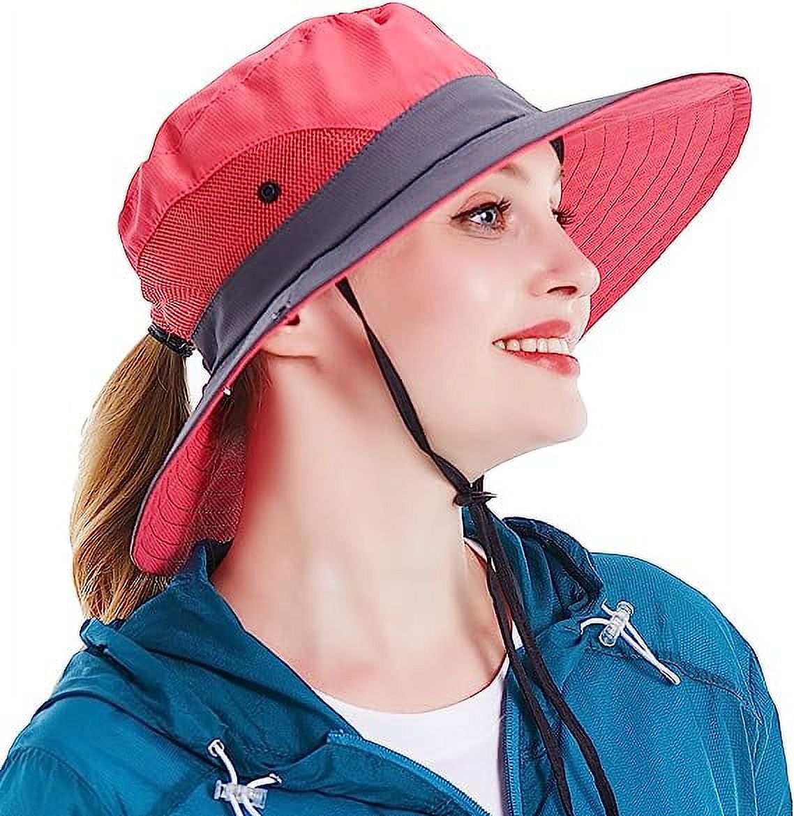 Sun Hat for Women UV Protection Bucket Fishing Hat with Ponytail-Hole, Foldable Outdoor Sun Hats Mesh Wide Brim Beach Hat